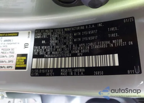 2025 Toyota Corolla Cross L from USA, damaged, VIN 7MUAAAAG9SV120968